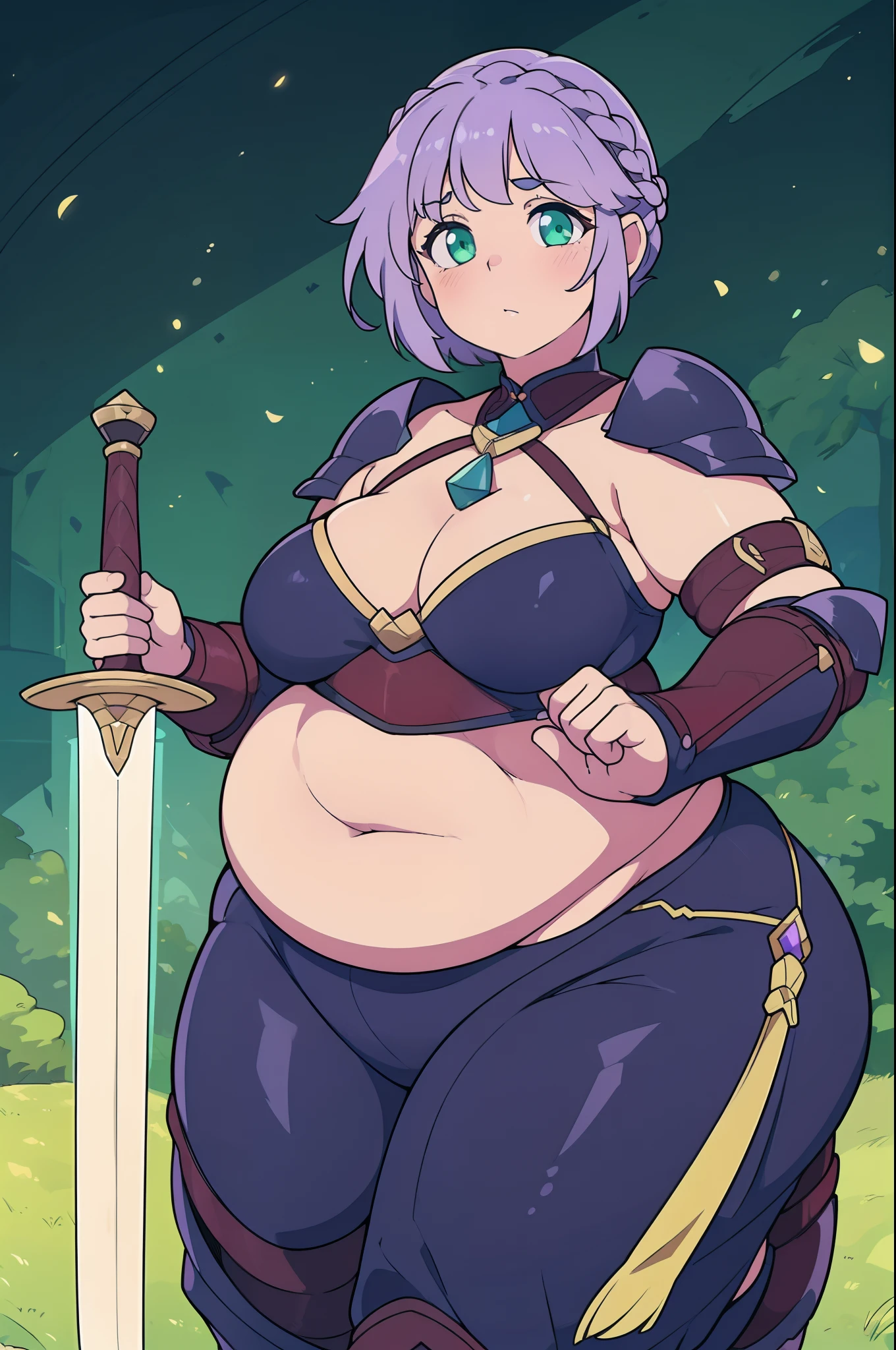 (((kipteitei art))), Masterpiece, high quality, best quality, beautiful, HD, perfect lighting, detailed face, detailed body, ((1girl)), ((solo)), small breasts, cleavage, ((((sagging breasts)))), soft body, french braid, french braid hair, light purple hair, blushing, worried, light green eyes, it's bright, small round breasts, white skin, (((very small breasts))), small boobs, flat chest, flat_chest, tiny_breasts, (((flat_chest))), (((tiny_breasts))), blush, fantsy, knight, sword, tight clothes, battlefield, green plains, leaning to the front, looking at viewer, tummy bulge, slightly exposed fat belly, fat, obese, fat belly, ((((big belly)))), ((((big belly)))), (((chubby girl))), (((plump))), fat arms, fat body, fat thighs, wide hips, (((holding sword))), (((holding weapon))), (((holding weapong with both hands))), hailoknight, dark red knight armor, 1girl weraing dark red knight armor, her amor doesnt cover her belly, her armor covers everything except her belly and thighs and face, GREATSWORD, warrior, double chin, fat face, plump cheeks, metal armor, slightly round face,