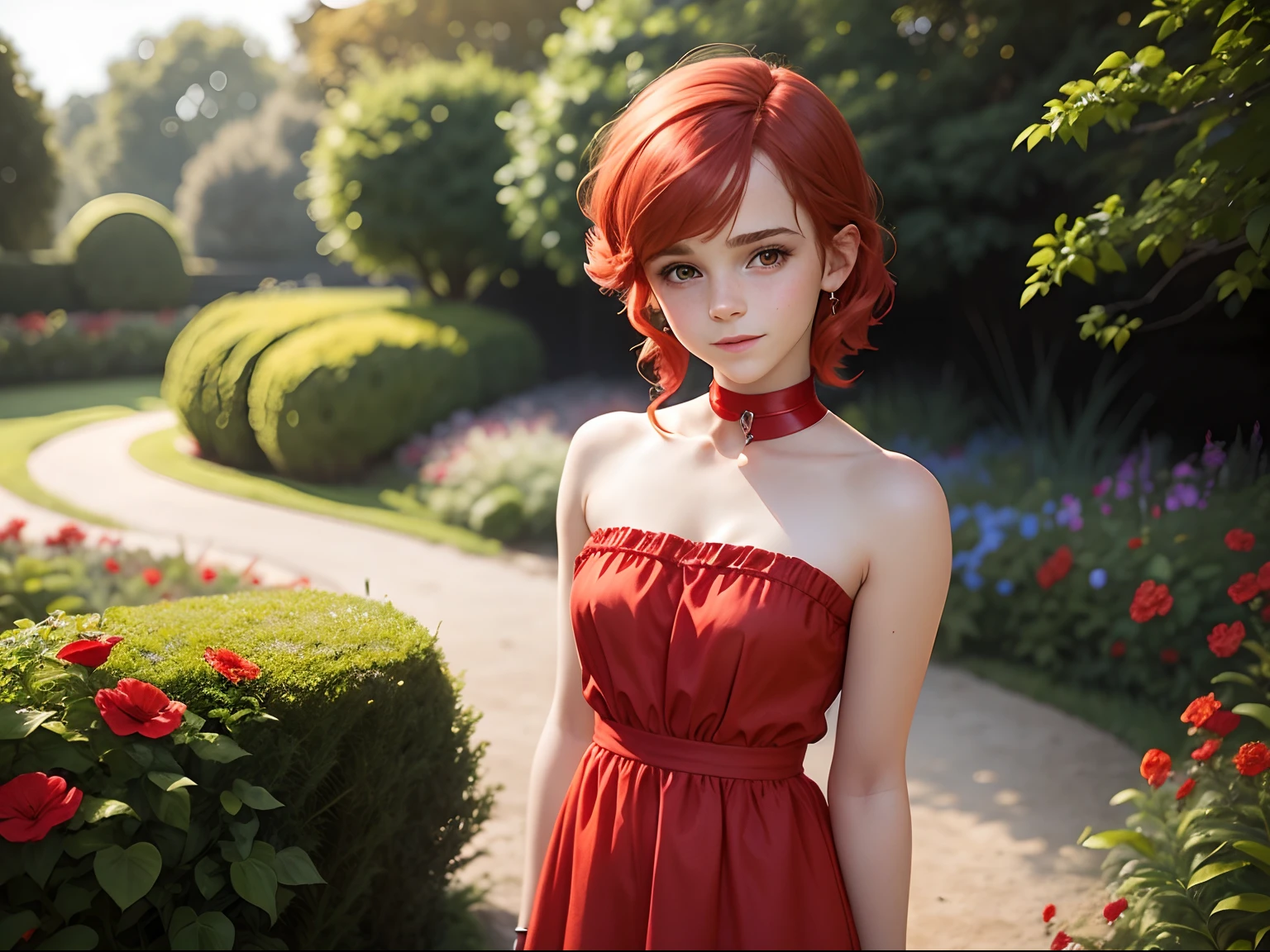 tween Emma Watson wearing a strapless red playsuit in the garden, small bust, small chest, cute smile, red hair accessories, red collar, red bracelet. red hair.