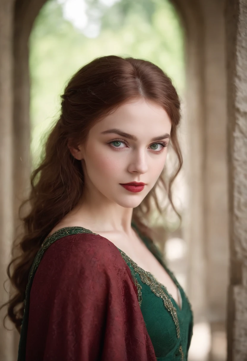 (((a deep reddish wound crosses her left cheek))) fair complexion, Sexy Russian woman around 19 years old, natural hair, distinctive green eyes, wearing kohl, curvy body and graceful, beautiful, candlelight in a medieval setting, ultra sharp focus, realistic shot, medieval female clothes, tetradic colors (scar:1.4)