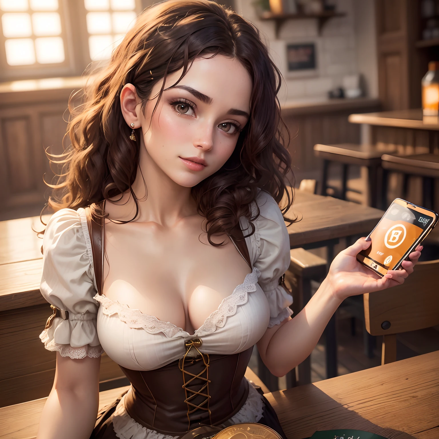 "(best quality,highres),woman,curley hair,paying with bitcoin coin,in a cafe, paying with a bitcoin coin, beautiful detailed eyes,beautiful detailed lips,focused expression,digital currency,digital transaction,modern technology,bitcoin, vibrant colors,studio lighting" high details, flat chest, small breast, photorealistic, dirndl