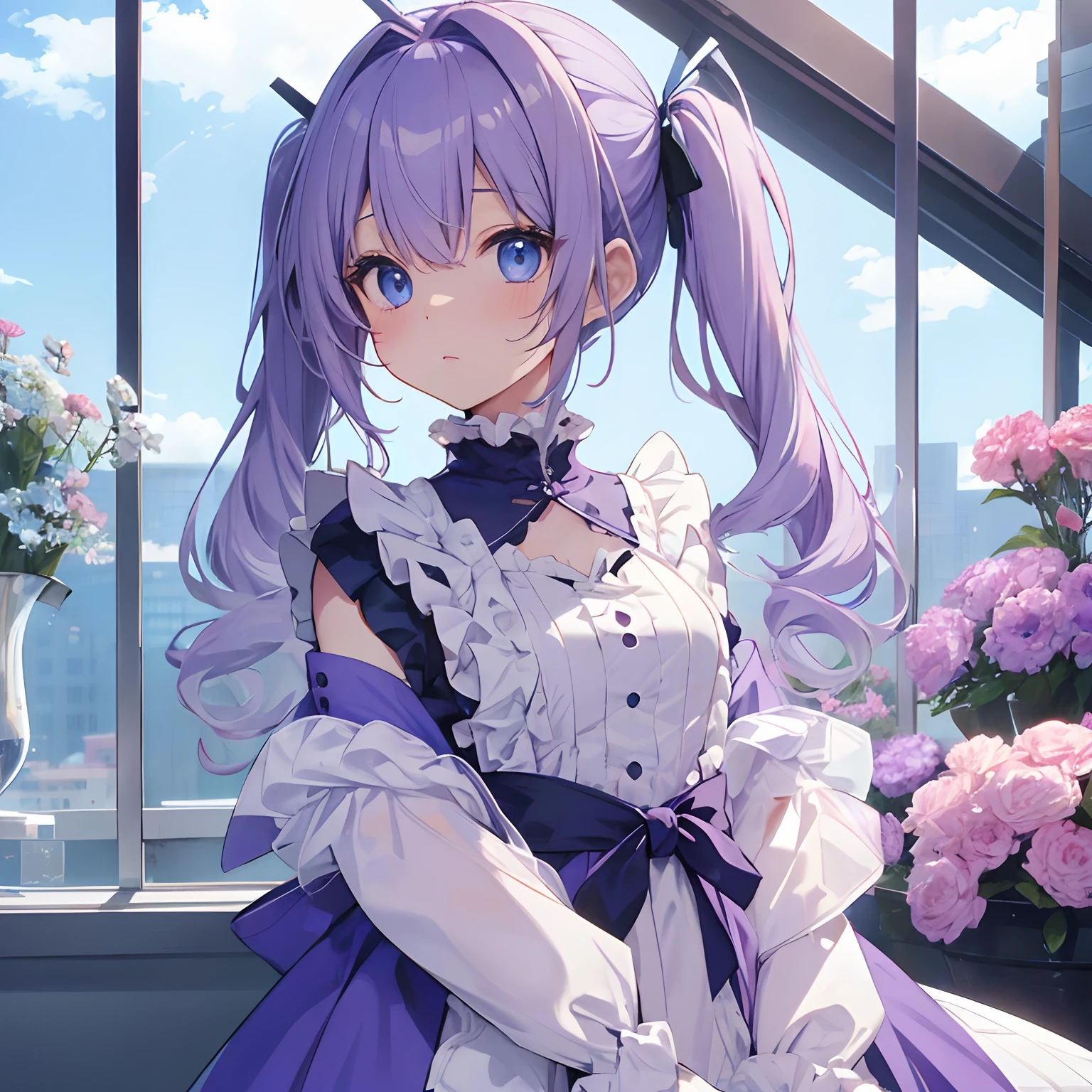 blue eyess、pigtails hair、Light purple hair、Medium hair、独奏、(top-quality、​masterpiece)、is standing