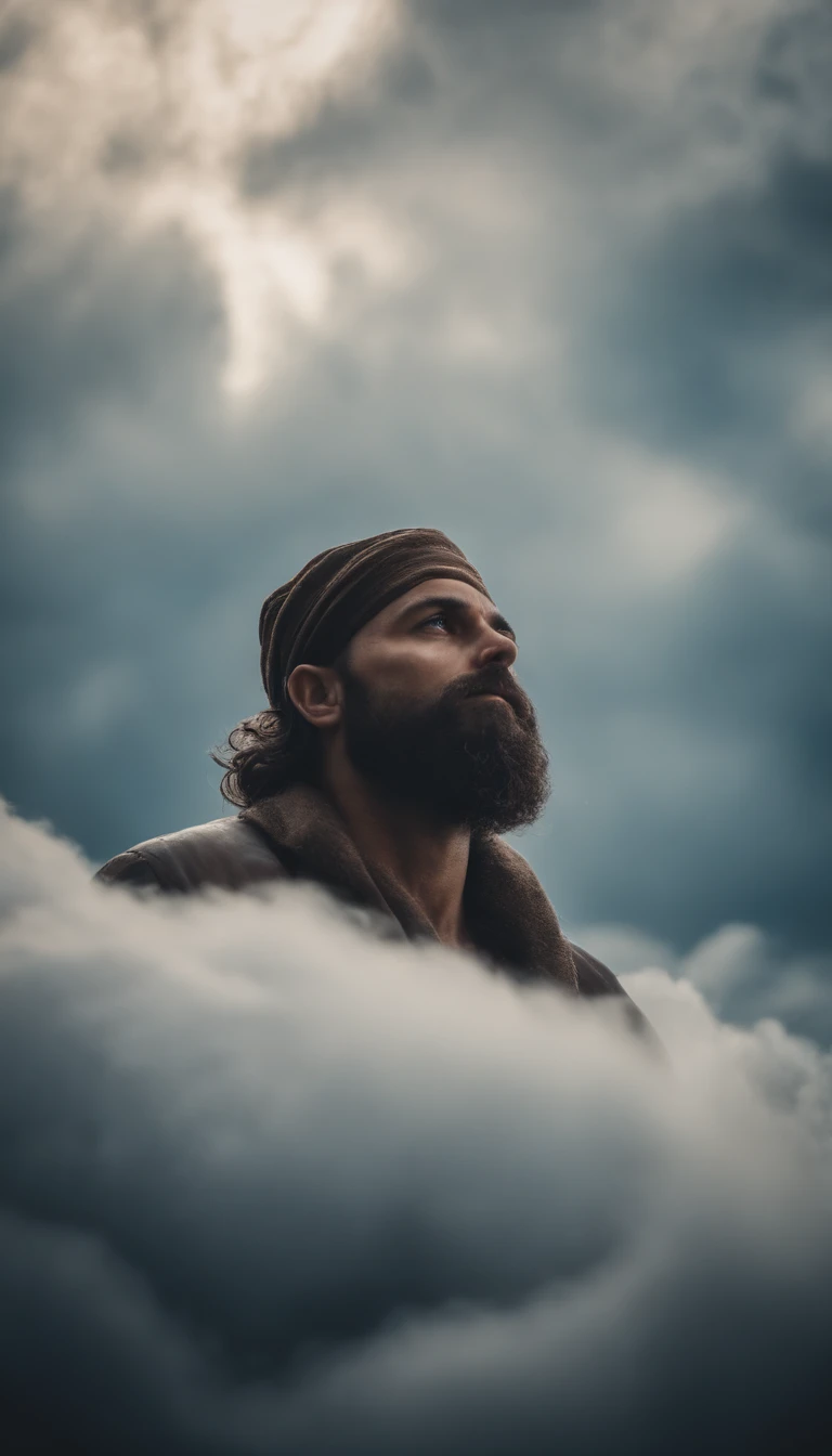 Imagem de Deus com barba e cabelos compridos e brancos, in the sky surrounded by clouds and bluish background