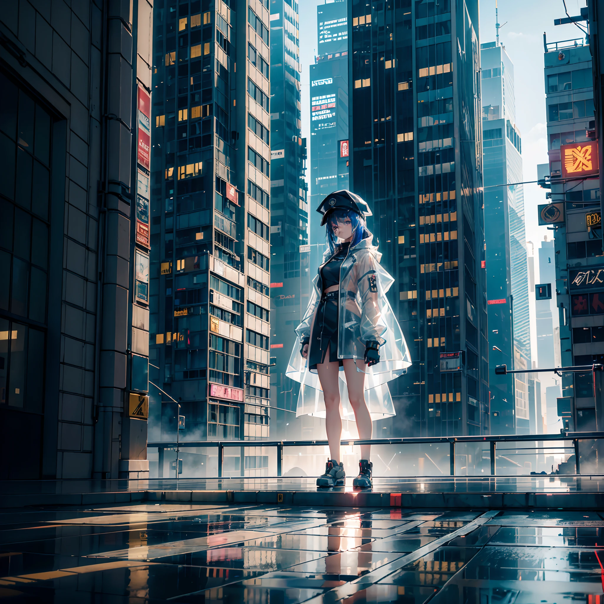 ((Cyberpunk girl wearing transparent raincoat with cap sitting on the edge of a building with loose legs in the air, chovendo)):1.9、Perfect Ray Tracing、Antecedentes altamente detalhados，Realistic，ultra-detalhada，Pele super detalhada，Brilho da Luz，filmic grain，Expro II，Reflexo da lente，sharpen，Cinematic shadow, panoramic image