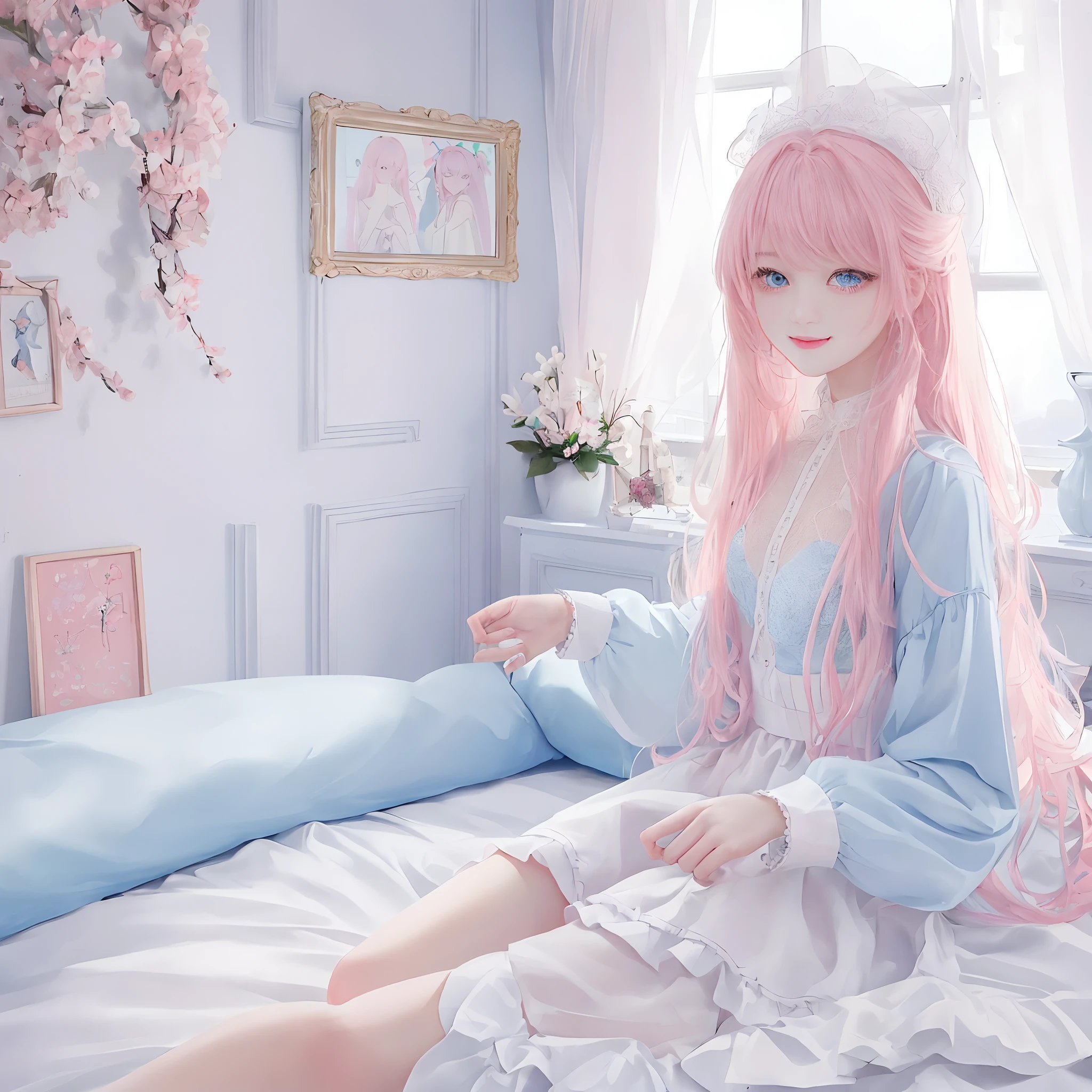(masterpiece、top-quality)、1 beutiful girl、A smile、Slim body、(Black and white plain clothes:1.1)、(Detailed beautiful eyes)、Bedroom、in a house、((Pink longhair))、a small face、tall、((Light blue eyes))、kawaii pose