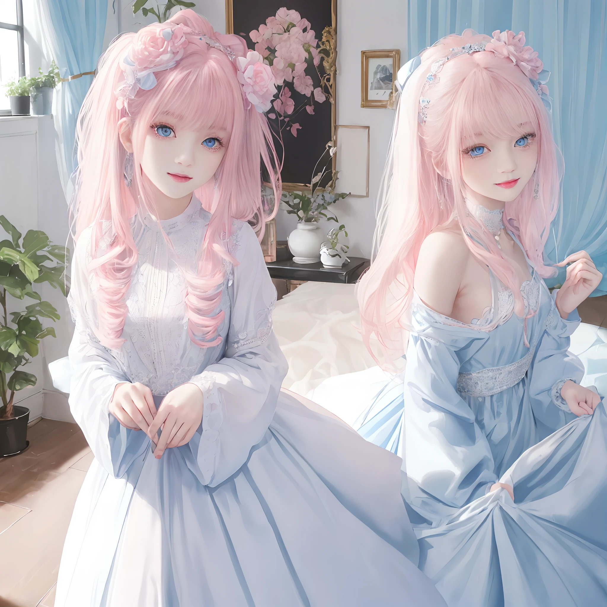 (masterpiece、top-quality)、1 beutiful girl、A smile、Slim body、(Black and white plain clothes:1.1)、(Detailed beautiful eyes)、Bedroom、in a house、((Pink longhair))、a small face、tall、((Light blue eyes))、kawaii pose