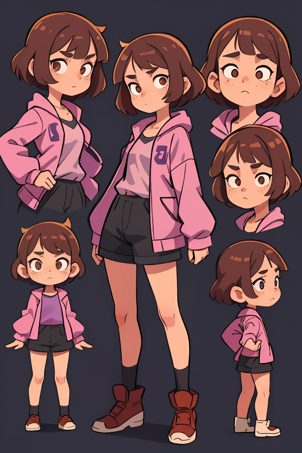 A  girl, with brown short hair, in a lilac jacket with cats, Zhdinsy black oversize,  The eyes are brown, freckles on her face, standing pose, character sheet, different angles