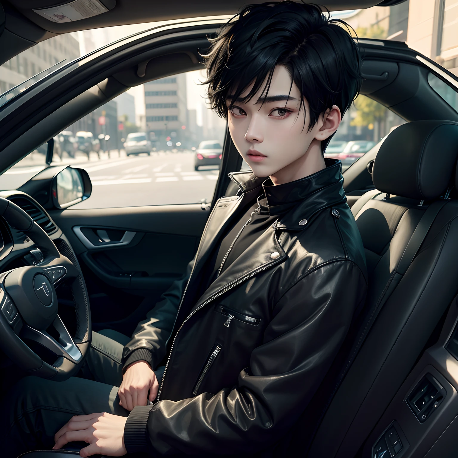 arafed man in a car with a black jacket and a cell phone, male ulzzang, jinyoung shin, jinyoung shin aesthetic, 1 7 - year - old boy thin face, kim doyoung, wearing all black mempo mask, ulzzang, jungkook, boy has short black hair, cai xukun, kanliu666