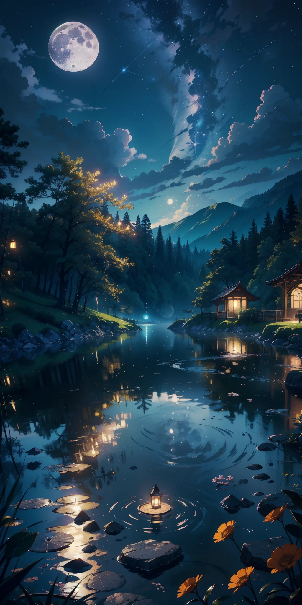 A painting of a lake with a house and a full moon - SeaArt AI