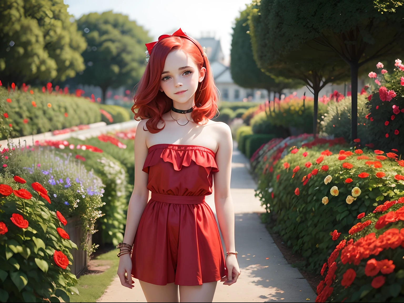 tween Emma Watson wearing a strapless red playsuit in a garden of pretty flowers, small bust, small chest, cute smile, red hair accessories, red collar, red bracelet. red hair.