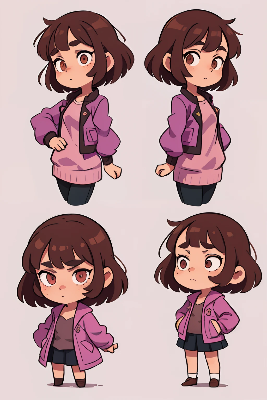A girl, with brown short hair, in a lilac jacket with cats, Zhdinsy black oversize, The eyes are brown, freckles on her face, standing pose, character sheet, different angles