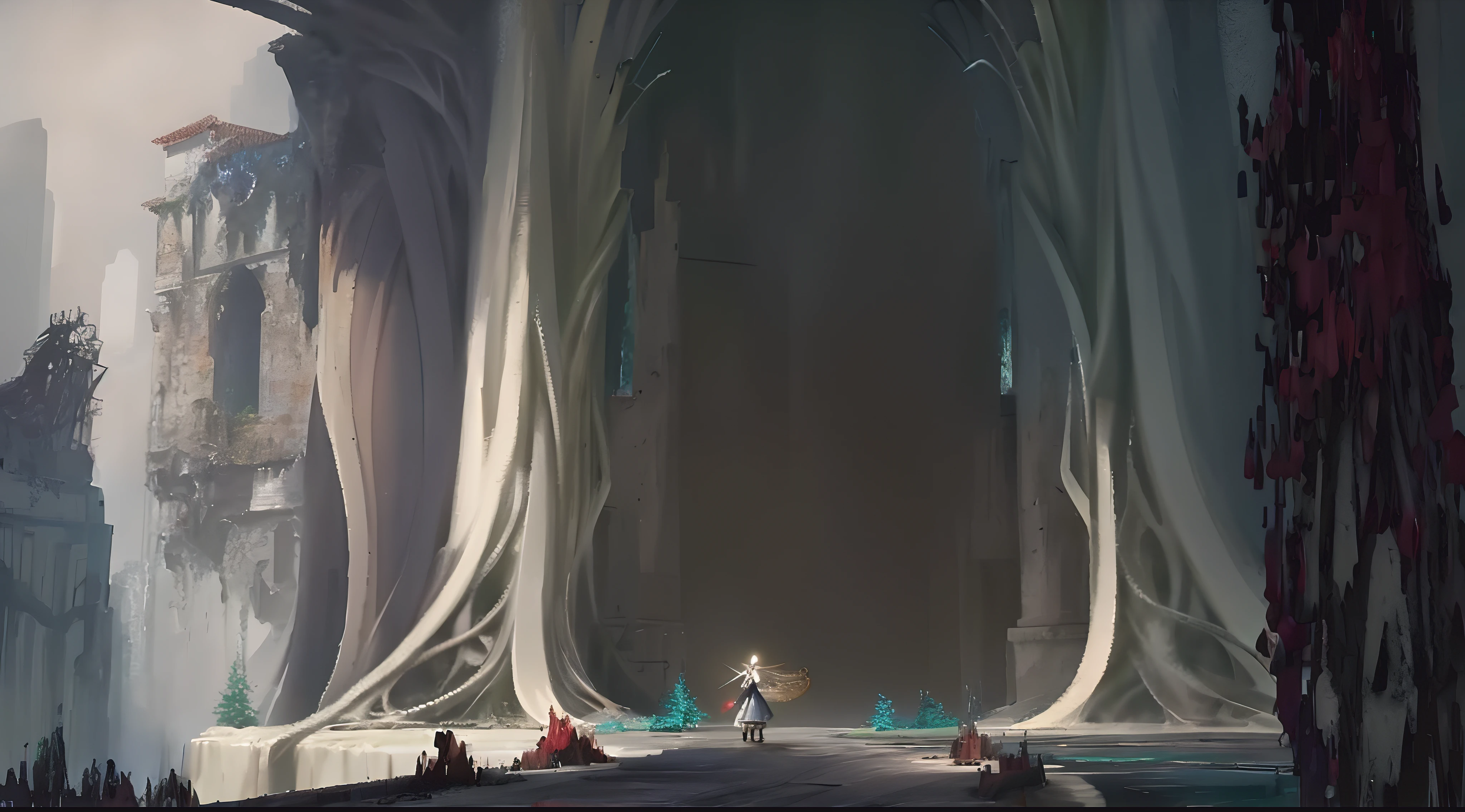 an evil dungeon with a glowing white male figure. beautiful and scary, terrifying and amazing. shown in a different way of a view of inside another dimension.