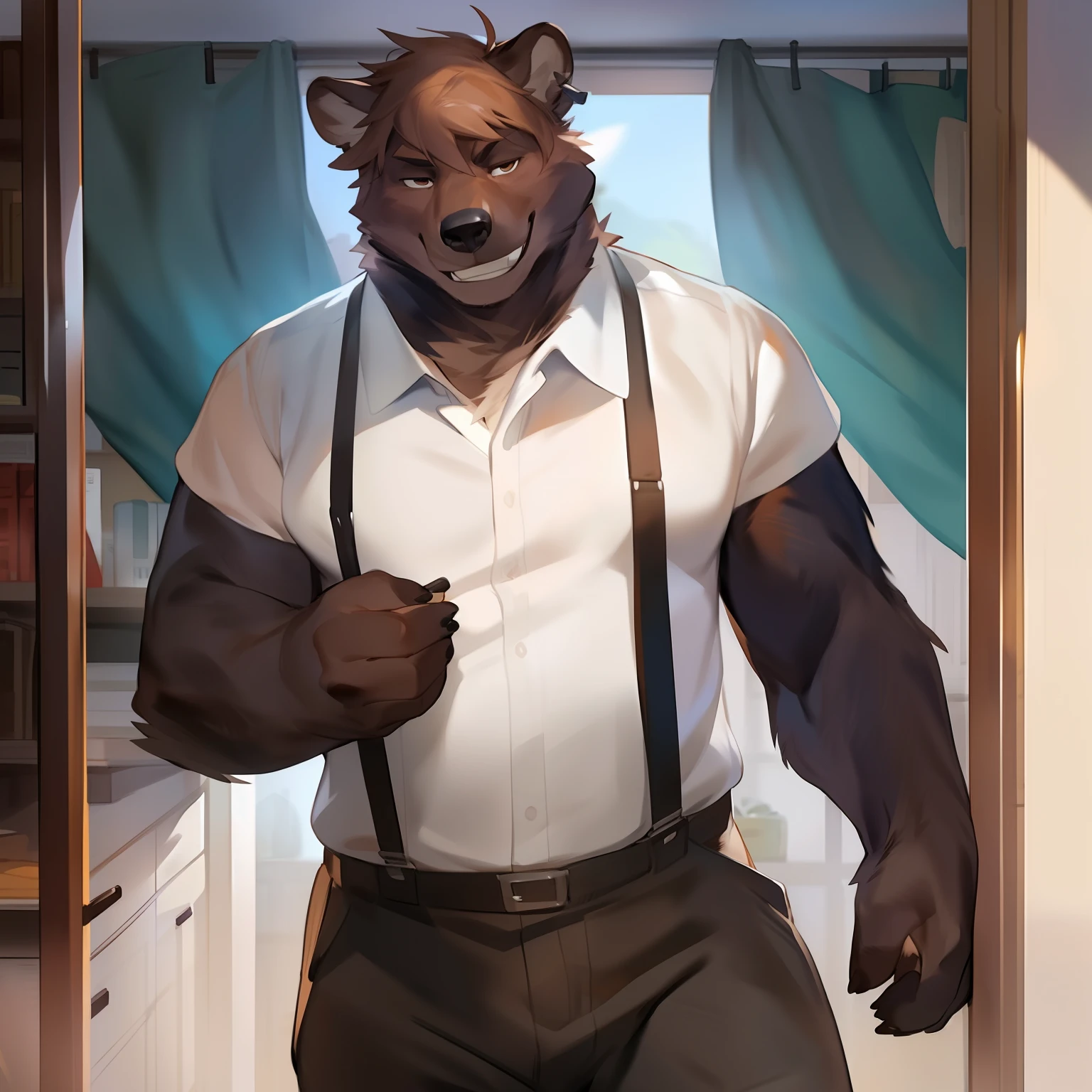 Solo, Male, black bear, (short hair, snout), messy fur, messy hair, smirking, notched ear, by Bebebebebe, by Spikes, By Darkgem, by Mystic Fox 61, by Chunie, standing, suspenders, looking at viewer