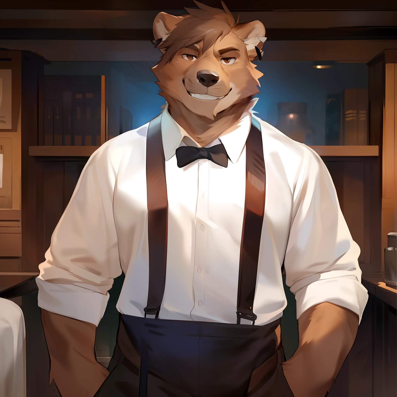 Solo, Male, grizzly bear, (short hair, snout), messy fur, messy hair, smirking, notched ear, by Bebebebebe, by Spikes, By Darkgem, by Mystic Fox 61, by Chunie, standing, suspenders, looking at viewer