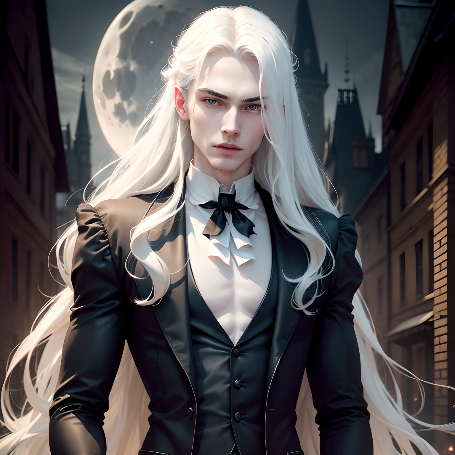 masterpiece, highest quality, (solo focus), (perfect face:1.1), (high detail:1.1),dramatic, 1guy, (pale skin), long white hair, white eyes, solo, long hair, moon, night, white luxury suit, vampire, covered navel, pouty lips, covered, victorian city, detailed background, gothic renaissance, cinematic lighting,