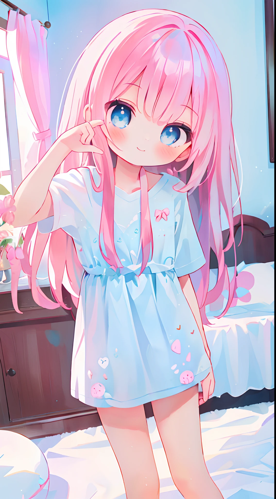 (masterpiece、top-quality)、1 beutiful girl、A smile、Slim body、(Black and white plain clothes:1.1)、(Detailed beautiful eyes)、Bedroom、in a house、((Pink longhair))、a small face、tall、((Light blue eyes))、kawaii pose