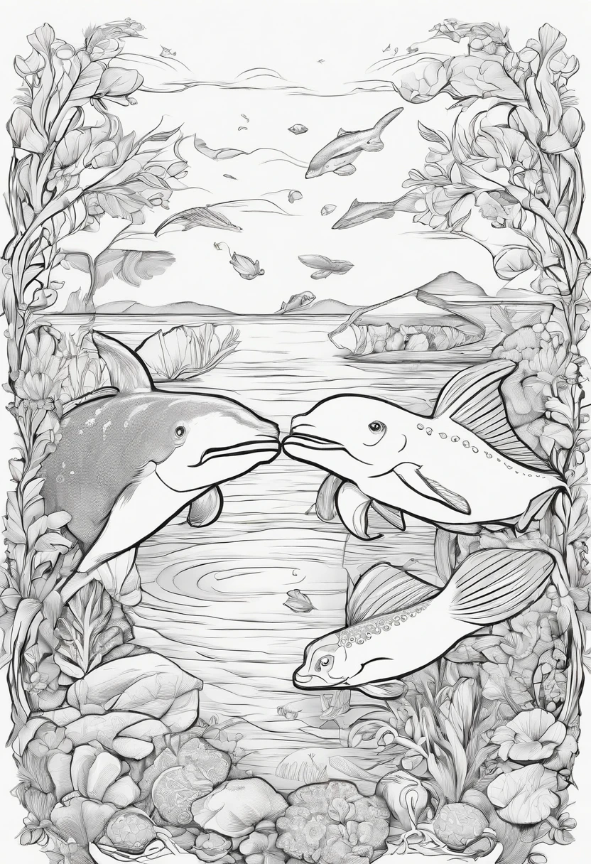 Generate black and white coloring pages of cute cartoon-style aquatic animals with low detail, no shading, no shadows, no background, and no borders.