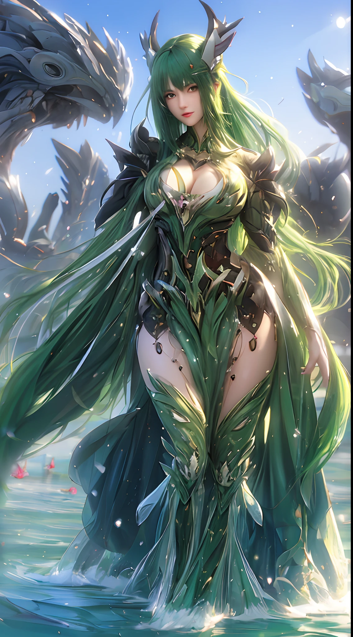 (A complex green-haired woman，Mecha joints and wing radiation, Quiet and dignified, Standing in the water), High-res, Ultra-detailed, Realistic, Vibrant colors, Bokeh, Studio lighting.