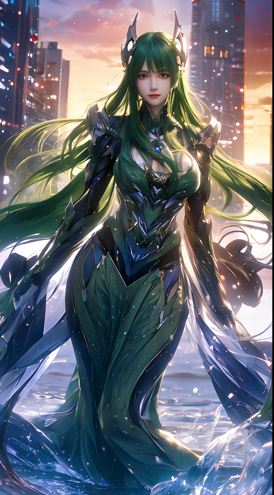 (A complex green-haired woman,Mecha joints and wing radiation, Quiet and dignified, Standing in the water), High-res, Ultra-detailed, Realistic, Vibrant colors, Bokeh, Studio lighting.