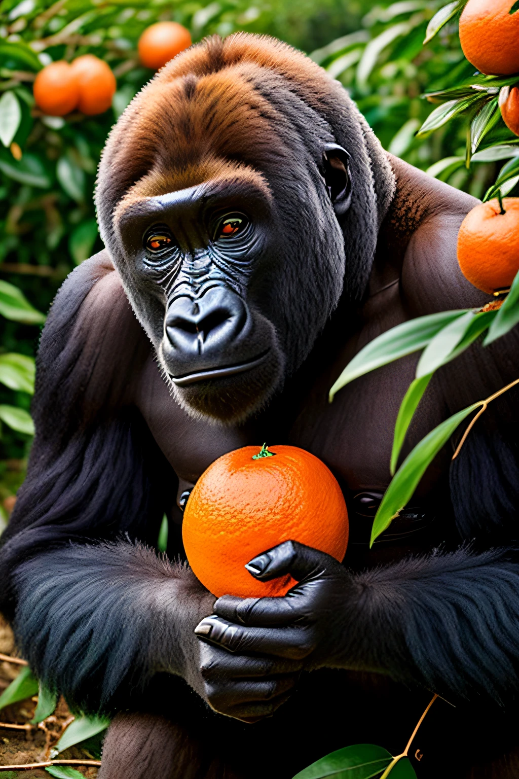 Gorilla holding tangerine、Background of mandarin orange field、gorilla