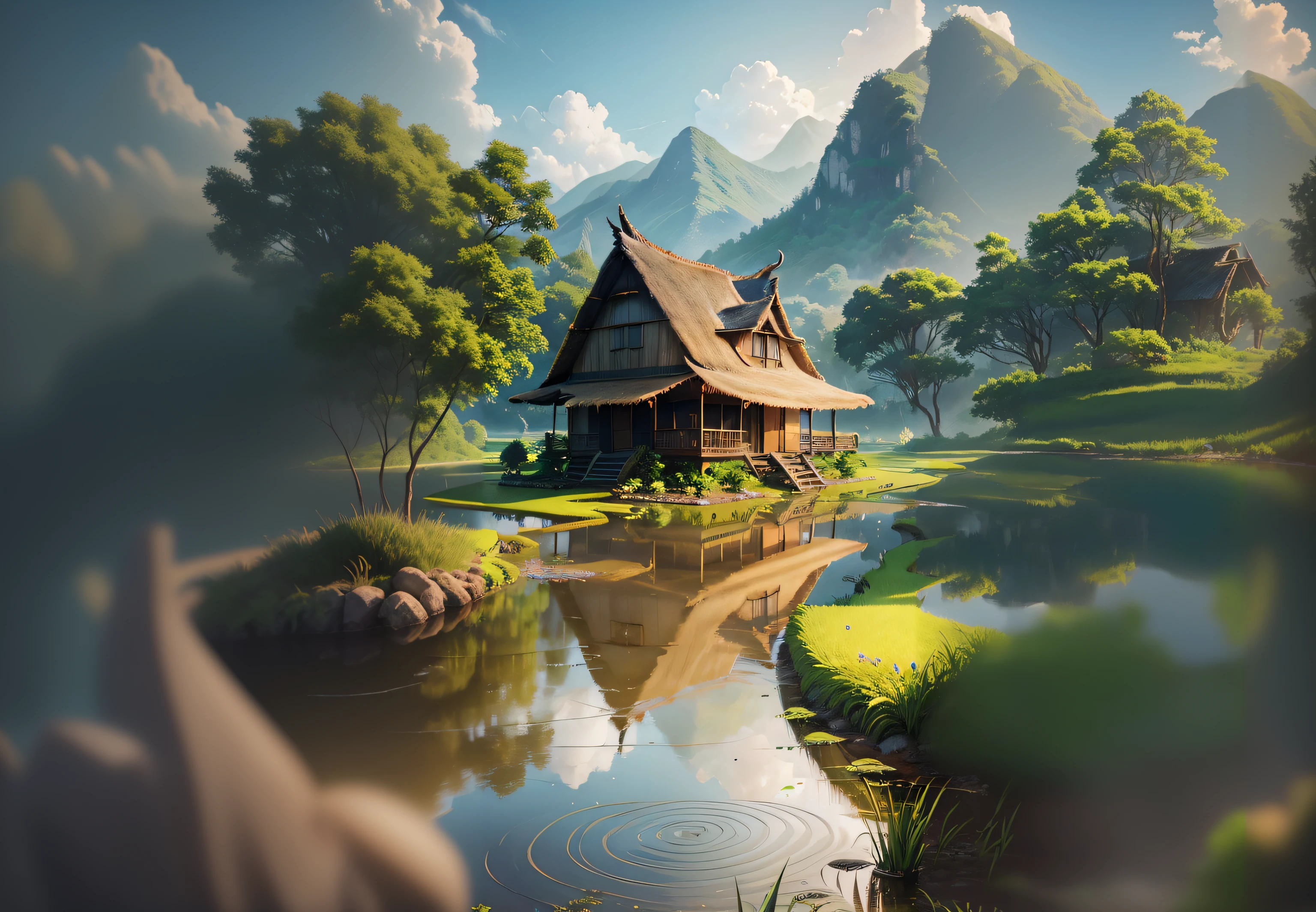 There is a small house in the middle of the lake., realistic fantasy render, Beautiful rendering of landscapes, 4k highly detailed digital art, Beautiful 3D rendering, stylized 3d render, Spectacular 3D rendering, 3 d render stylized, beautiful digital artwork, Beautifully detailed scenes, 3D coated painting, lacquer painting illustration, 4K detailed digital art