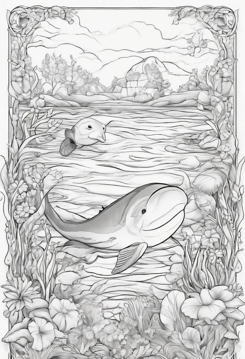 Generate black and white coloring pages of cute cartoon-style aquatic animals with low detail, no shading, no shadows, no background, and no borders.