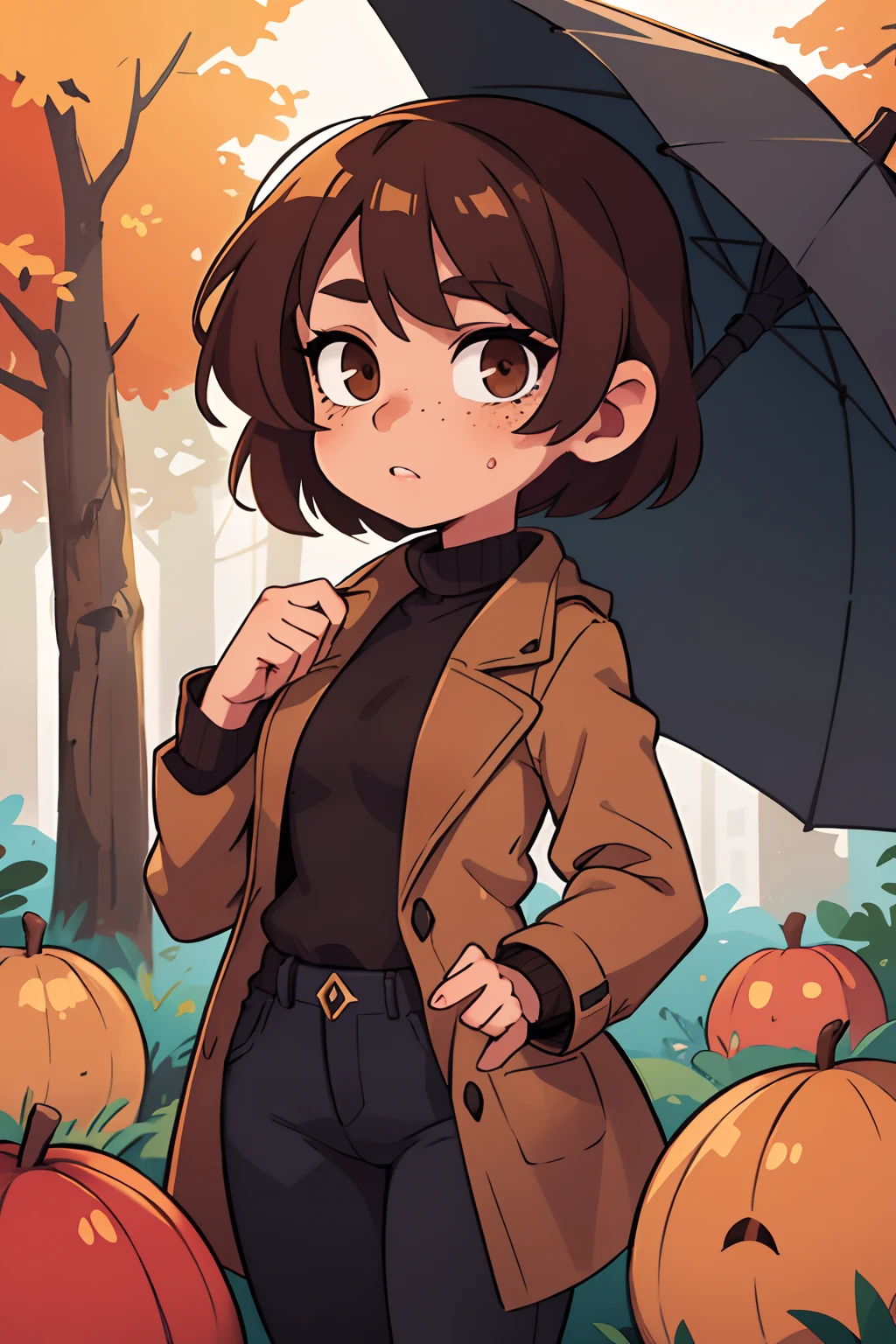 A  girl, with brown short hair, in a brown coat, black oversized jeans,  The eyes are brown, freckles on her face, Autumn Park, An umbrella in his hands