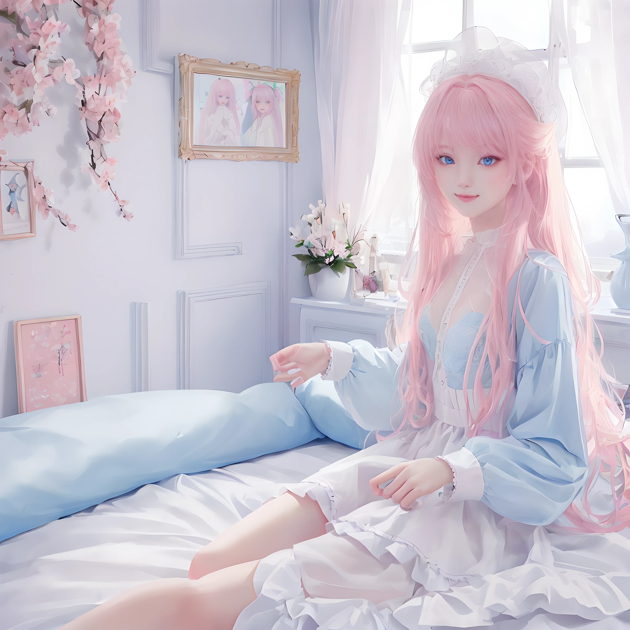 (​masterpiece、top-quality)、1 beutiful girl、A smile、Slim body、(Black and white plain clothes:1.1)、(Detailed beautiful eyes)、Bedroom、in a house、((Pink longhair))、a small face、tall、((Light blue eyes))、kawaii pose