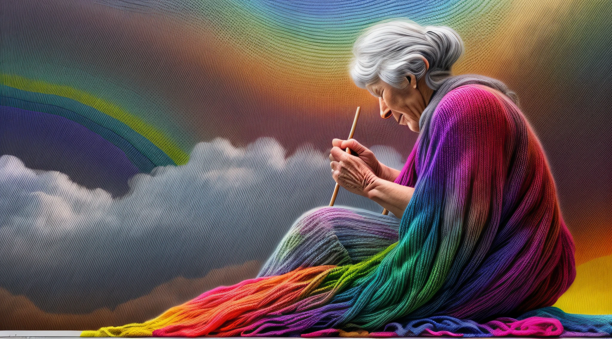 high details, best quality, 16k, [ultra detailed], masterpiece, best quality, dynamic angle, ultra wide shot, RAW, photorealistic, fantasy art, realistic art, a picture of a old woman sitting in heaven knitting the rainbow, an (old human woman: 1.2) , dynamic hair, dynamic clothes, sitting on a cloud knitting the rainbow, full colored, (perfect spectrum: 1.3),( vibrant work: 1.4)  vibrant shades of red, orange, yellow, green, blue, indigo, violet of knitting, perfect colors, the rainbow falls into the sky from the old woman who knits, 16k, ultra detailed, masterpiece, best quality, ultra detailed, full body, ultra wide shot, photorealistic,