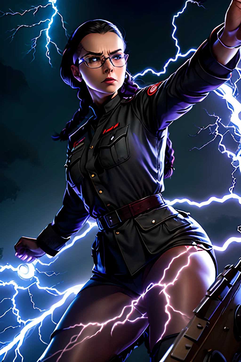 Masterpiece, realistic,(Ultra realistic 8K CG), (((adult body))), sci-fi science fiction, realistic sci-fi s, detailed facial features, realistic, in a single shot, detailed fighter planes,Perimeter lightning,, blue lightning, pointing the finger at yourself. Magic. Another world, Lightning and lightning surround the body, Lightning storm, Lightning glowing eyes, There is a lightning tattoo tattoo on the arm, realistic high-tech fighter planes, cinematic angles, shades that Most realistic, detailed environment,( beautiful CG:1.4 ),Standing on an aircraft carrier in the sky,Detailed realistic eye sockets,Fantastic shadows,Tonal coverage,Beautiful colors,Woman,adult,short,small chest,26 years old,dark green eyes, Purple-black hair, two braids in the back, smooth bangs in the front, red glasses, a solemn expression, (ref. WWII white German Air Force general uniform: 1.5 ),muscular,Muscle woman,der riese,((muscular)),
