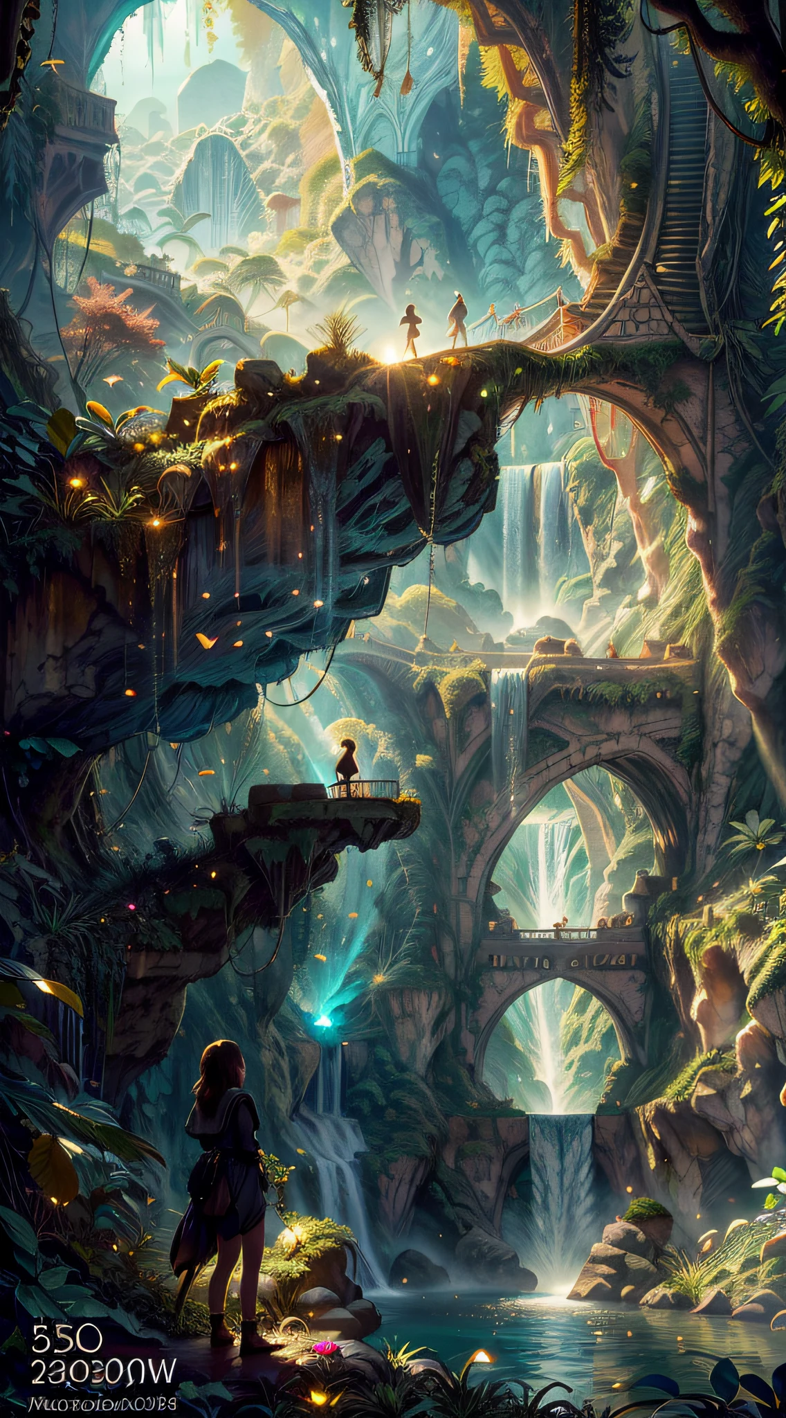 Photograph of a girl standing beneath a cascading waterfall in a cave, golden hour, ((dramatic shadows)), ((serene silhouette)), mesmerizing, powerful, hidden oasis, sun-kissed, wild beauty