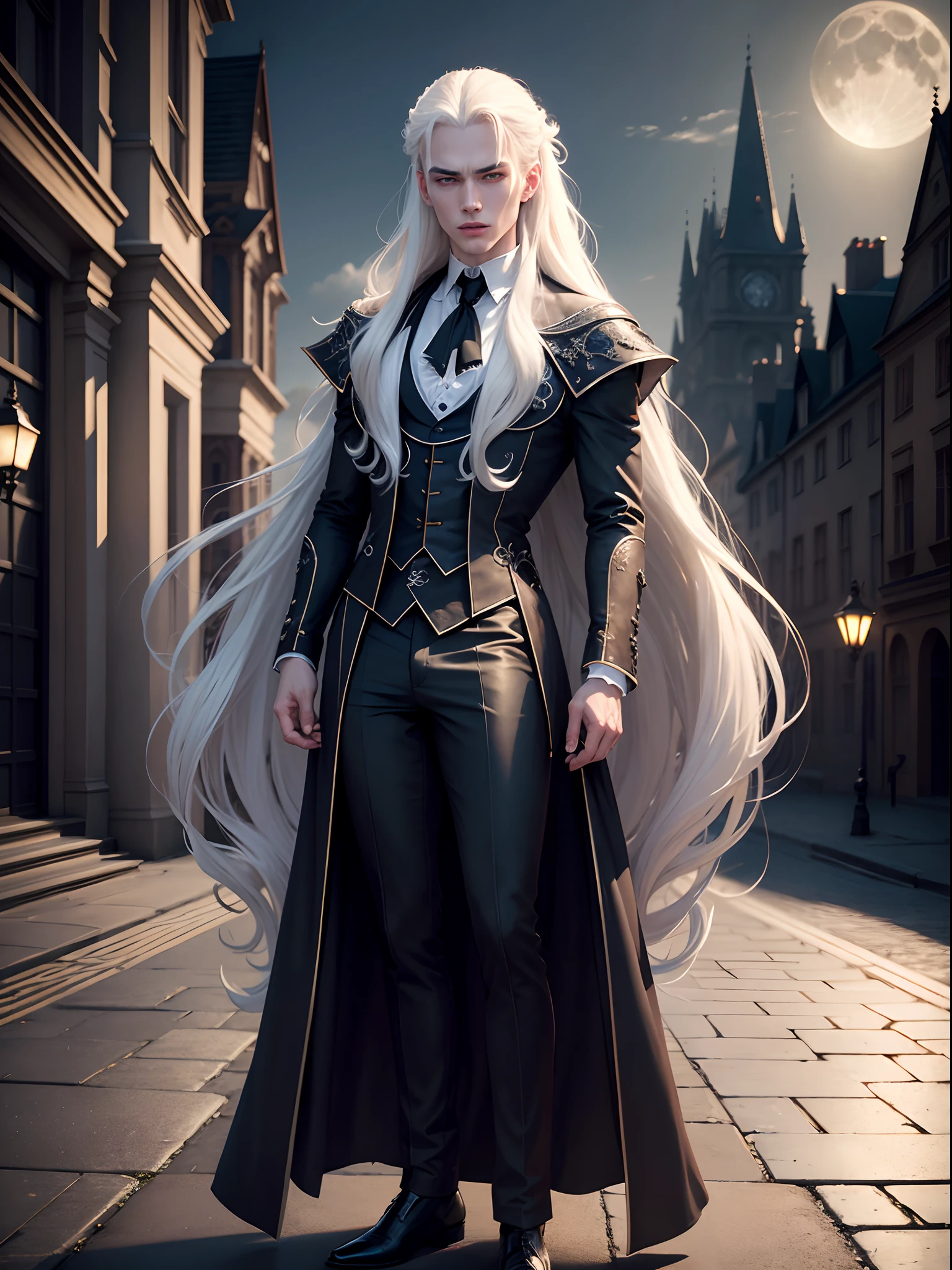 masterpiece, highest quality, (full body), (solo focus), (perfect face:1.1), (high detail:1.1),dramatic, 1guy, (pale skin), long white hair, white eyes, solo, long hair, vampire teeth, moon, night, white luxury suit, vampire, covered navel, pouty lips, covered, victorian city, detailed background, gothic renaissance, cinematic lighting,