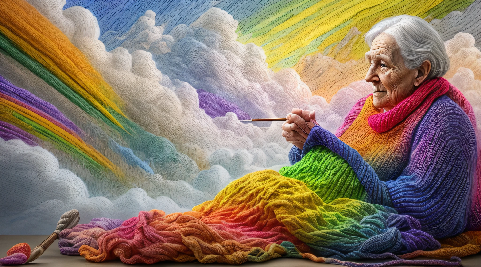 high details, best quality, 16k, [ultra detailed], masterpiece, best quality, dynamic angle, ultra wide shot, RAW, photorealistic, fantasy art, realistic art, a picture of a old woman sitting in heaven knitting the rainbow, an (old human woman: 1.2) , dynamic hair, dynamic clothes, sitting on a cloud knitting the rainbow, full colored, (perfect spectrum: 1.3),( vibrant work: 1.4)  vibrant shades of red, orange, yellow, green, blue, indigo, violet of knitting, perfect colors, the rainbow falls into the sky from the old woman who knits, 16k, ultra detailed, masterpiece, best quality, ultra detailed, full body, ultra wide shot, photorealistic,