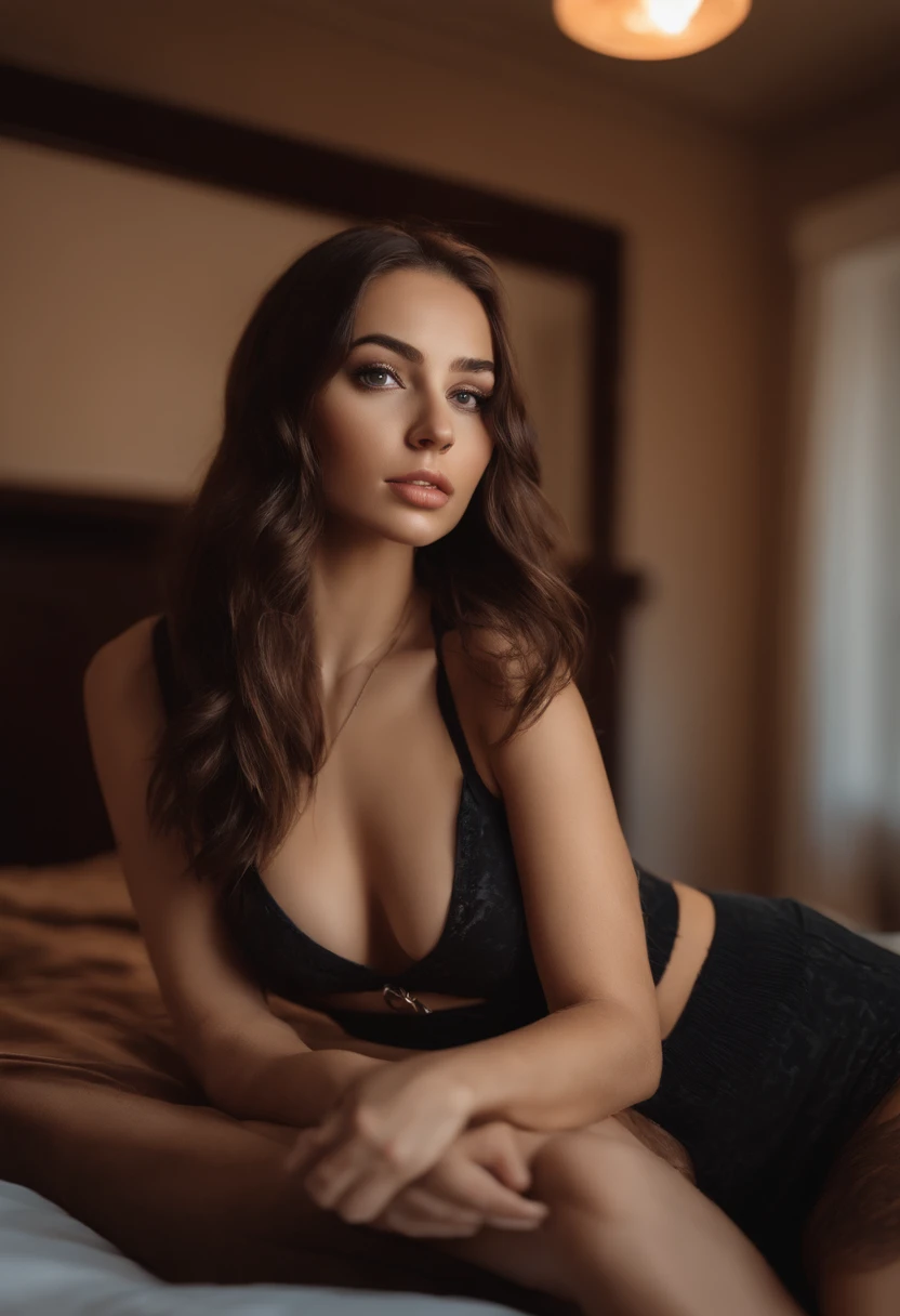 arafed woman with matching tank top and panties, sexy girl with brown eyes, portrait sophie mudd, brown hair and large eyes, selfie of a young woman, bedroom eyes, violet myers, without makeup, natural makeup, looking directly at the camera, face with artgram, with hunting camo and a gun, subtle makeup, stunning full body shot, in bedroom, cleavage