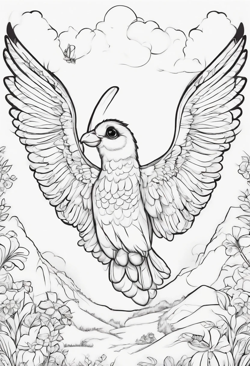 Generate black and white coloring pages of cute cartoon-style flying animals with low detail, no shading, no shadows, no background, and no borders.