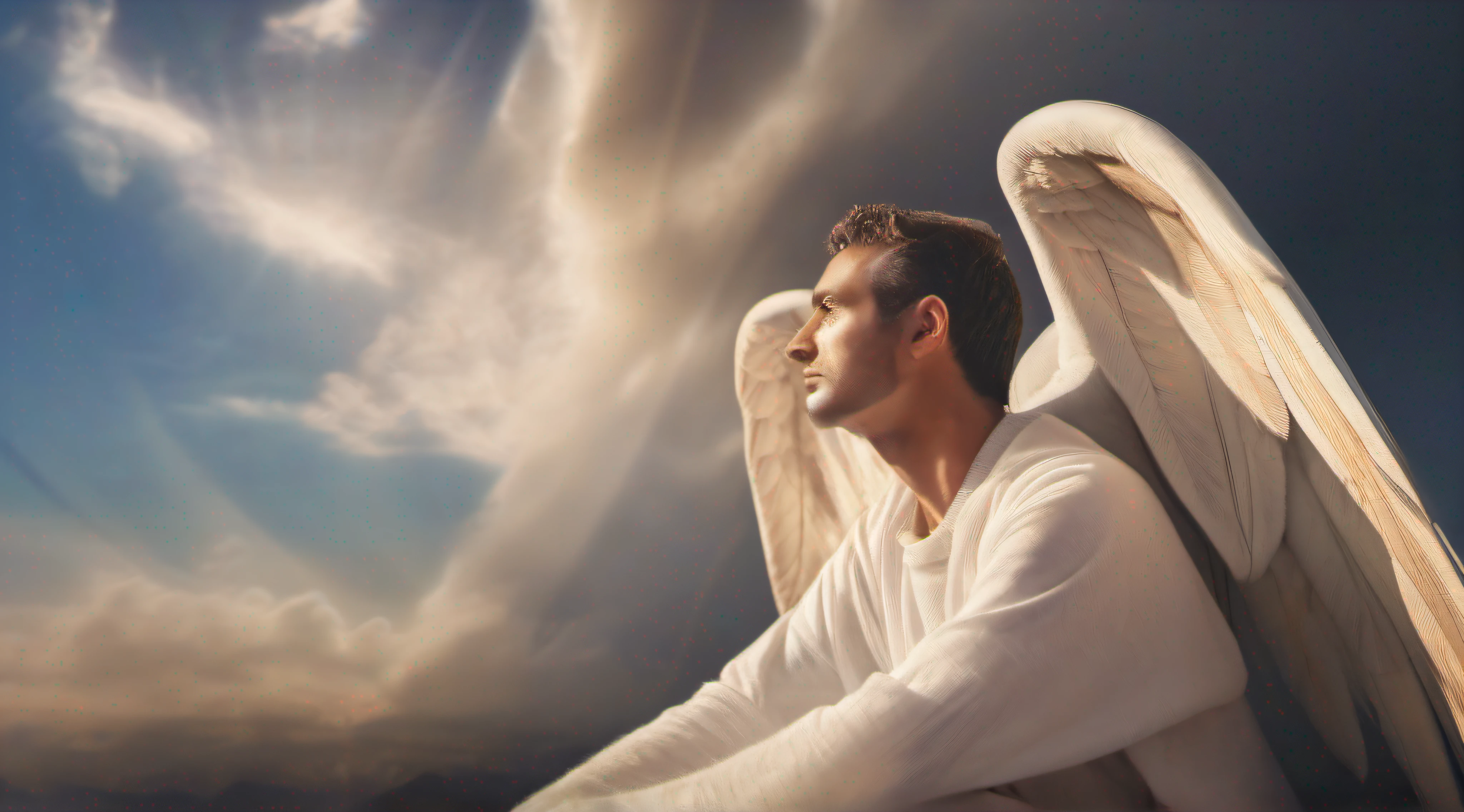 ((Retrato realista de UM ANJO MASCULINO, VESTINDO TUNICAS BRANCAS EM MEIO A NUVENS CELESTIAIS, PEOPLE ON EARTH WATCH HIM IN HEAVEN)), corpo inteiro, aura sagrada, cinematiclight, retratado em 4K hiperdetalhado. The warm light highlights the figure of a loving male angel with a compassionate expression. The background features a clear sky with celestial clouds and radiant light, retratado em 8K. The style is portrayed in a soft and cinematic way, com cores neutras e efeitos HDR. A arte busca alta qualidade, com detalhes intrincados, intricate backgrounds and an artistic mix of Greg Rutkowski and Artgerm influences.