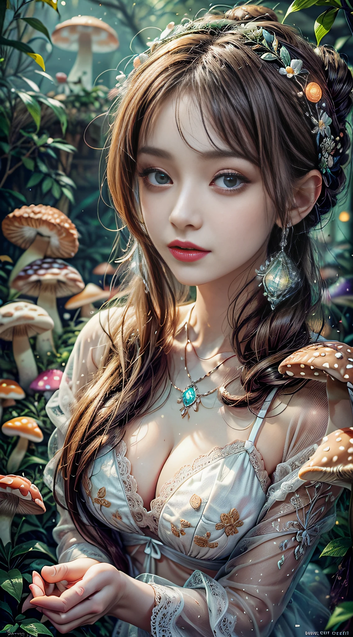 Super beautiful glowing big eyes、((top-quality)), ((masterpiece)), ((realisitic)), (detaileds), Reflective Luminous White:1.2, Texture glossy orange:1.3, 1 silk Lingerie (cammel toe)beautiful young woman with, A sexy, Photo from top to bottom, A lot of glowing neon mushrooms, a Mandala, Cinematic, sharp, Ray traching, cheerfulness, Lightness