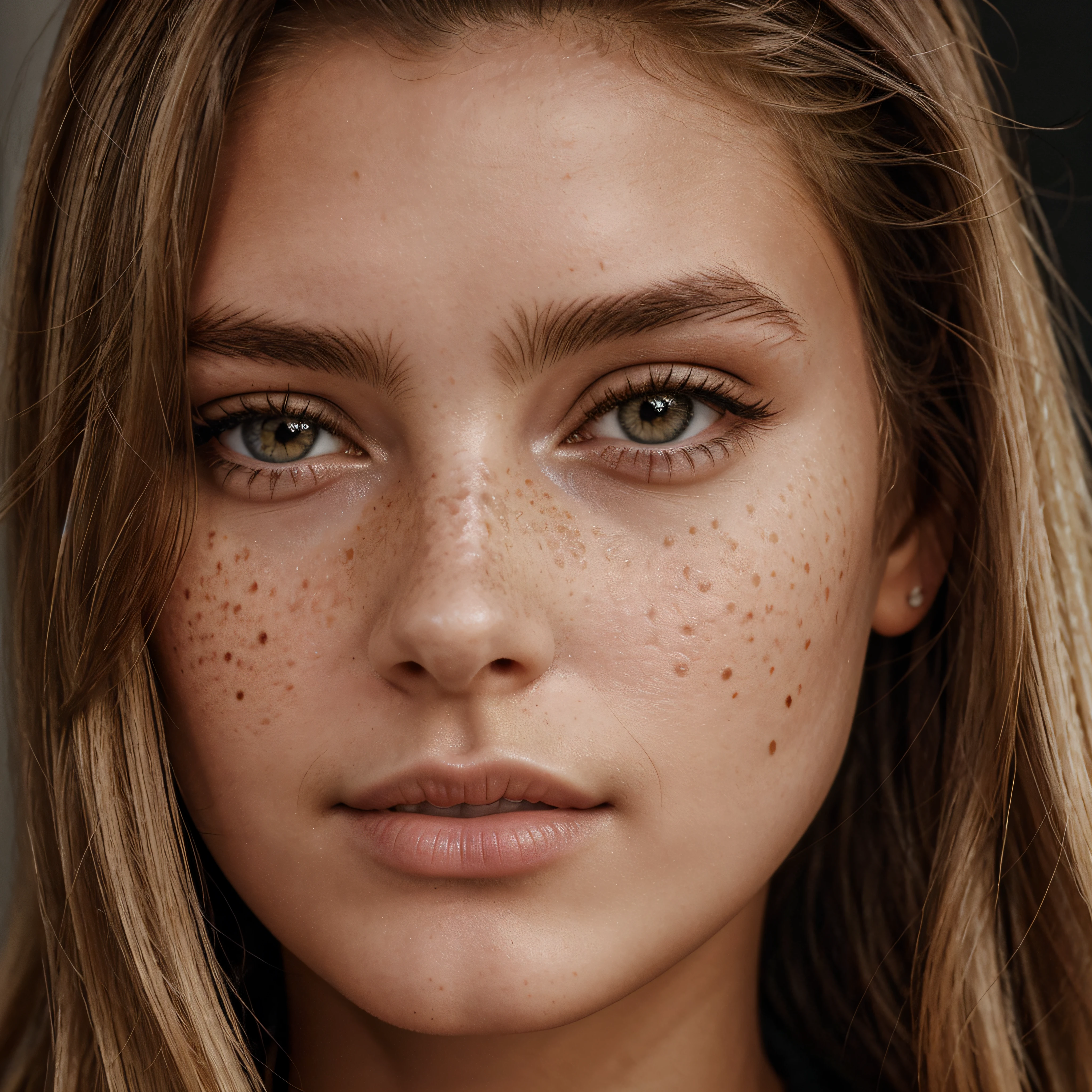 Close up, 1Girl 18 years old, nur, Lange Haare, Blick auf den Betrachter, blondes Haar, braune Augen, Schmuck, full entire body, Halskette, schulterfrei, pullover, lips, realistisch, Nase, Flirten mit der Kamera, close up shot, realism, detailed eyes, skin imperfection, freckles, ultra high texture.