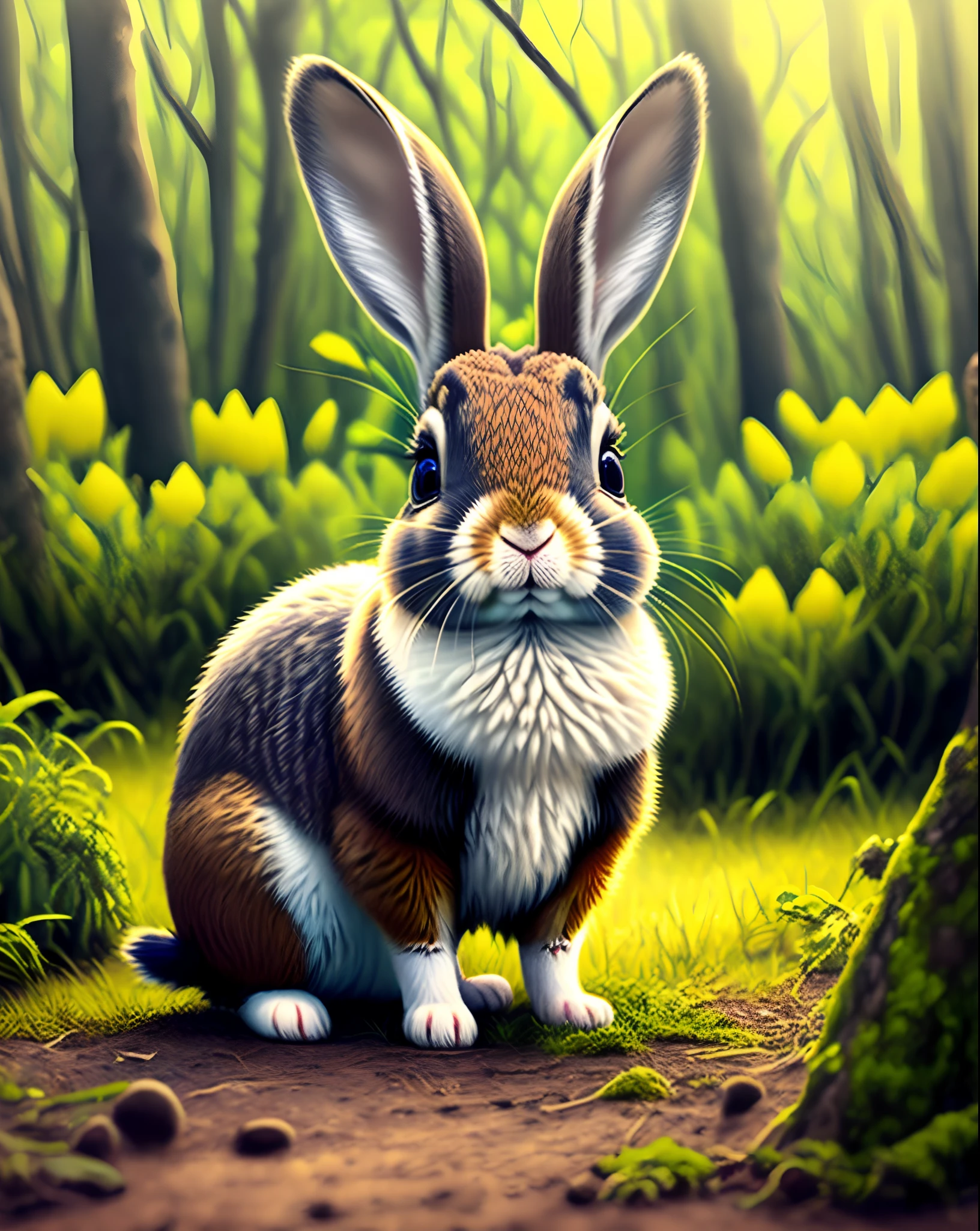 Painting of a rabbit sitting in the middle of a forest - SeaArt AI