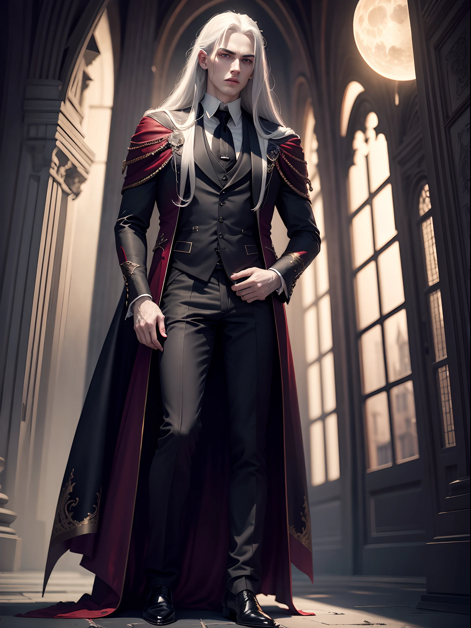 masterpiece, highest quality, (full body), (solo focus), (perfect face:1.1), (high detail:1.1),(1guy), dramatic, dark, 1guy, (pale skin), long white hair, red eyes, solo, long hair, vampire teeth, blood, moon, night, white luxury suit, red suit, vampire, covered navel, pouty lips, covered, victorian city, detailed background, gothic renaissance, cinematic lighting,