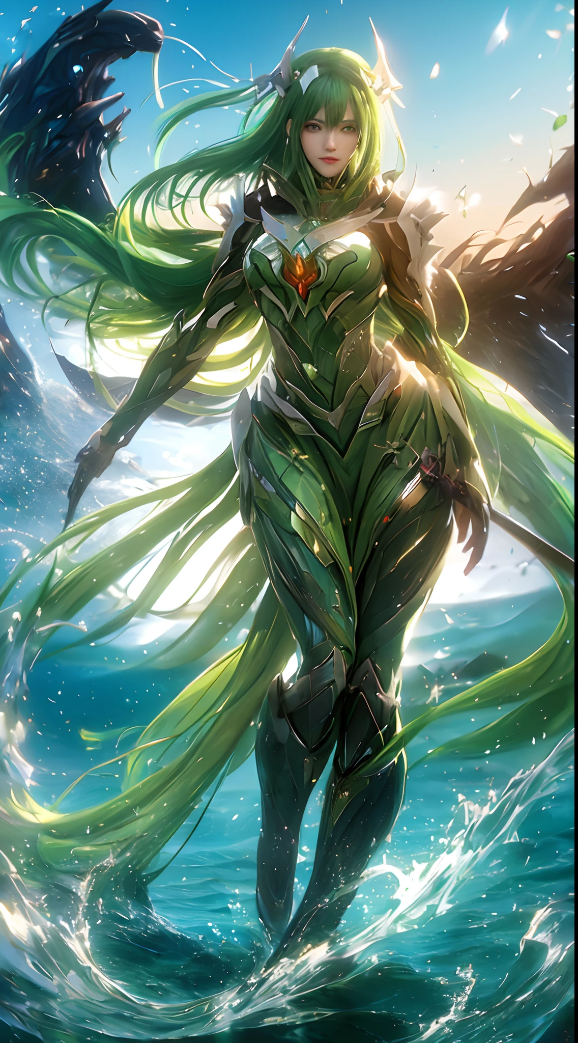 (A complex green-haired woman,Mecha joints and wing radiation, Quiet and dignified, Standing in the water), High-res, Ultra-detailed, Realistic, Vibrant colors, Bokeh, Studio lighting.