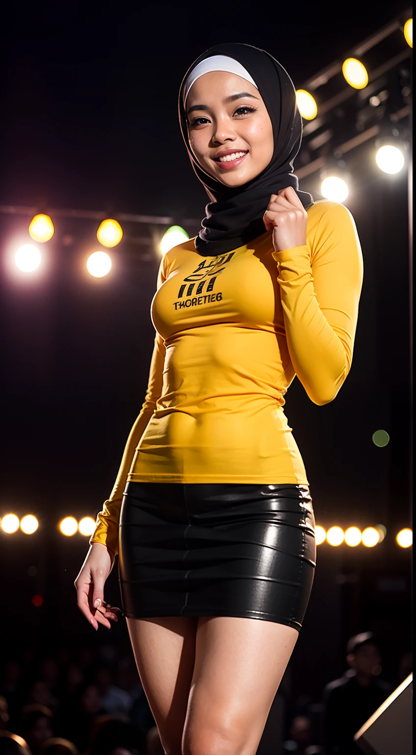 Portrait photography of a beautiful young malay girl in hijab wearing tight long sleeve tshirt and short skirt with leggings celebrate birthday, nighttime, concert background, bright lighting, smile and happy gesture, perfect body proportion, tall