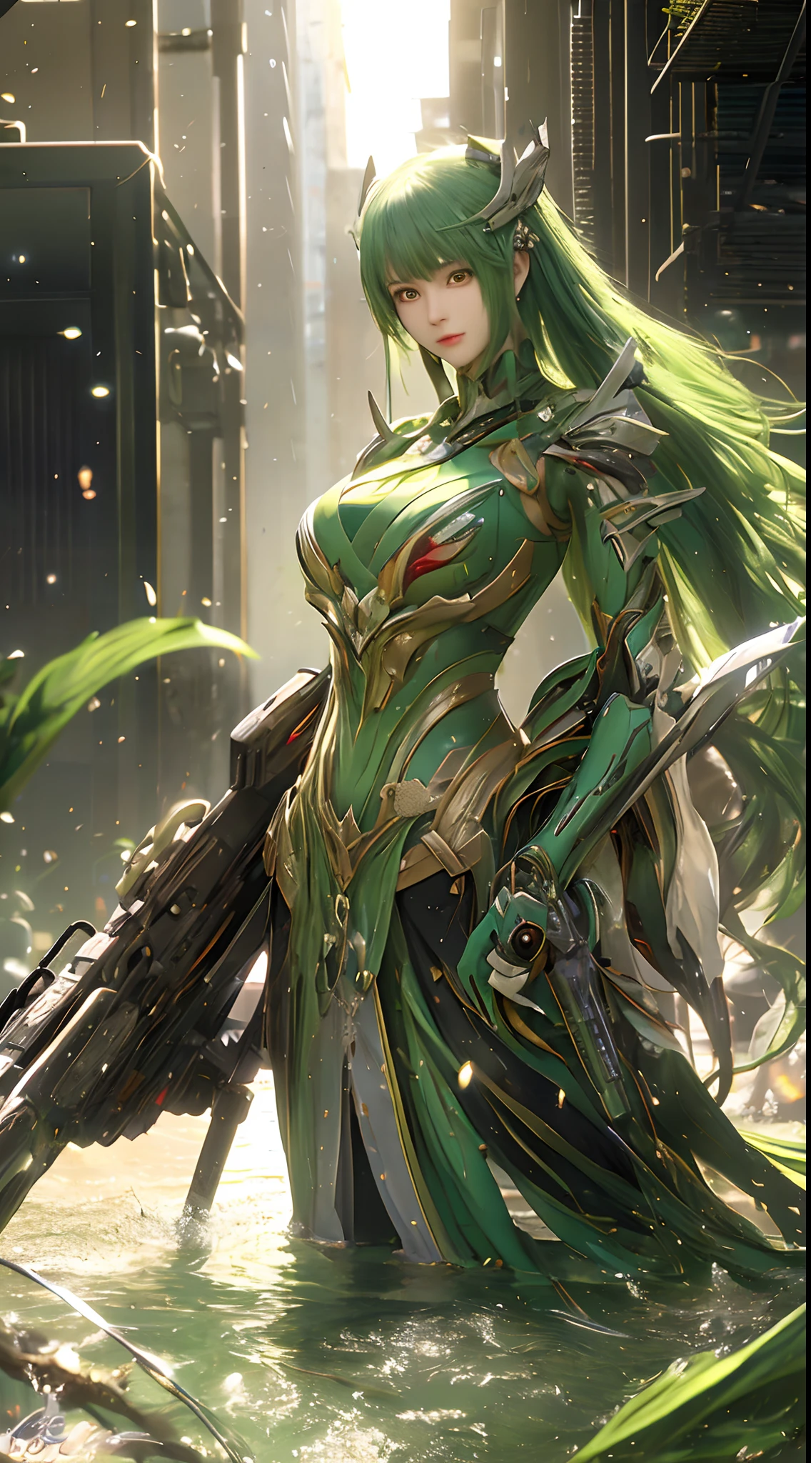 (A complex green-haired woman,Mecha joints and wing radiation, Quiet and dignified, Standing in the water), High-res, Ultra-detailed, Realistic, Vibrant colors, Bokeh, Studio lighting.