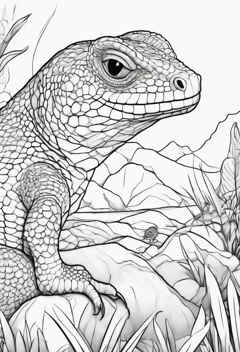 Generate black and white coloring pages of cute cartoon-style reptiles with low detail, no shading, no shadows, no background, and no borders.