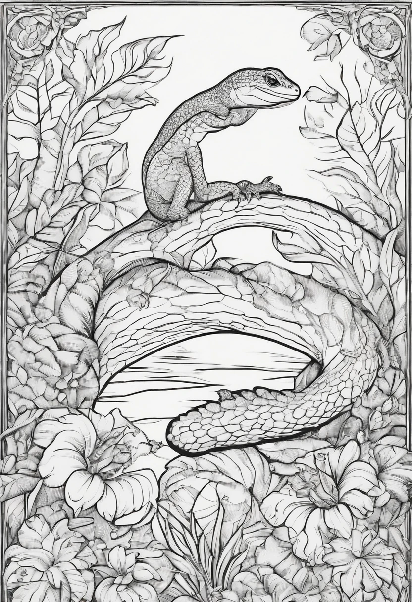 Generate black and white coloring pages of cute cartoon-style reptiles with low detail, no shading, no shadows, no background, and no borders.