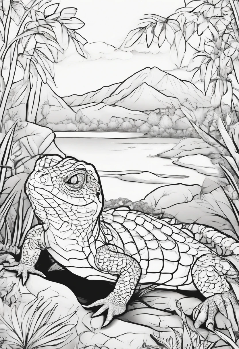 Generate black and white coloring pages of cute cartoon-style reptiles with low detail, no shading, no shadows, no background, and no borders.