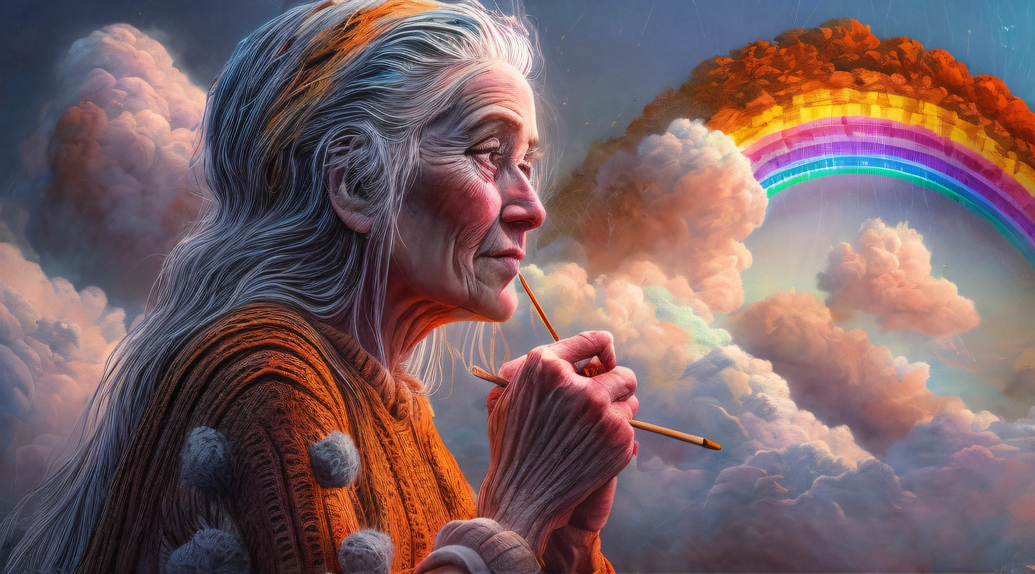 high details, best quality, 16k, [ultra detailed], masterpiece, best quality, dynamic angle, ultra wide shot, RAW, photorealistic, fantasy art, realistic art, a picture of a old woman sitting in heaven knitting the rainbow, an (old human woman: 1.2) , dynamic hair, dynamic clothes, sitting on a cloud knitting the rainbow, full colored, (perfect spectrum: 1.3),( vibrant work: 1.4)  vibrant shades of red, orange, yellow, green, blue, indigo, violet of knitting, perfect colors, the rainbow falls into the sky from the old woman who knits, 16k, ultra detailed, masterpiece, best quality, ultra detailed, full body, ultra wide shot, photorealistic,