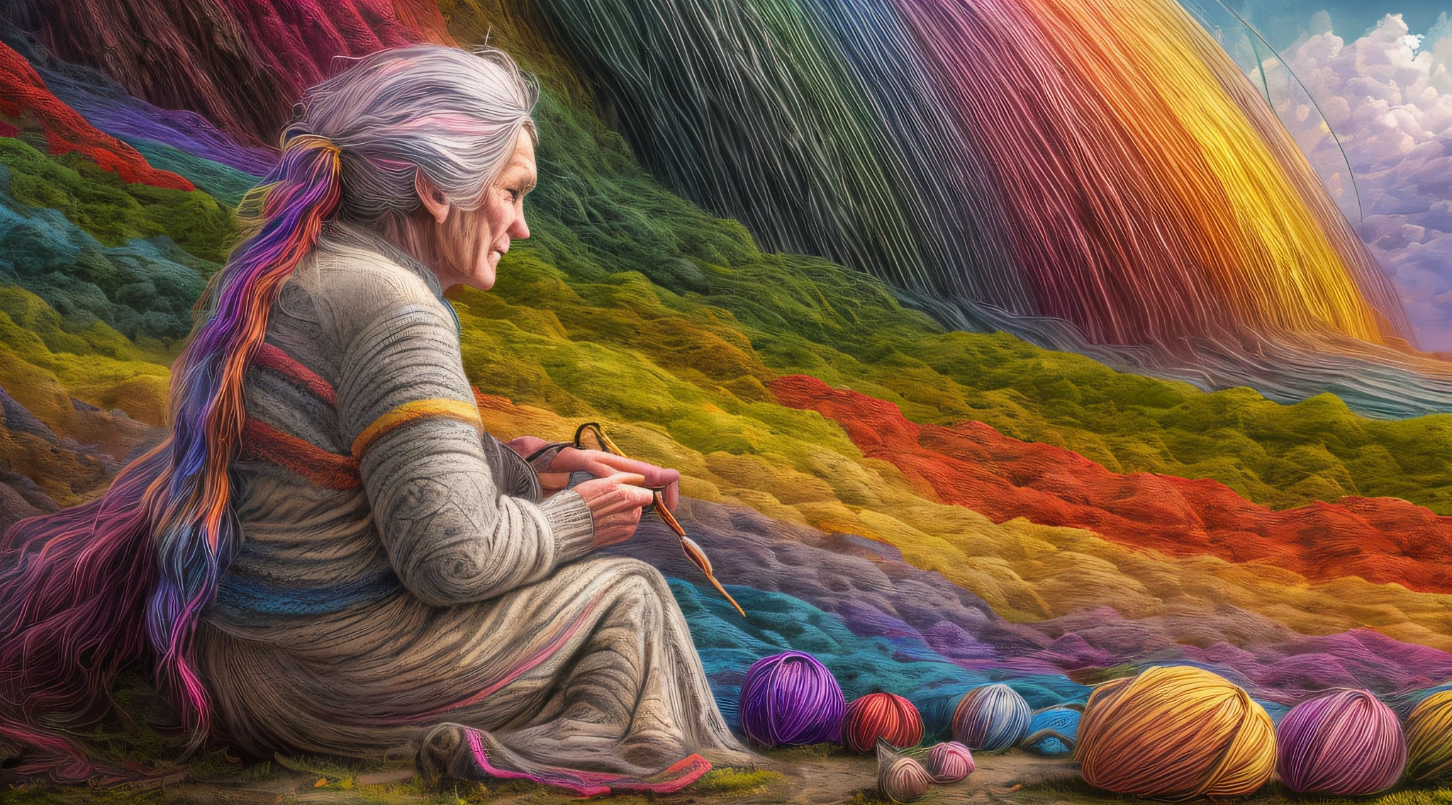 high details, best quality, 16k, [ultra detailed], masterpiece, best quality, dynamic angle, ultra wide shot, RAW, photorealistic, fantasy art, realistic art, a picture of a old woman sitting in heaven knitting the rainbow, an (old human woman: 1.2) , dynamic hair, dynamic clothes, sitting on a cloud knitting the rainbow, full colored, (perfect spectrum: 1.3),( vibrant work: 1.4)  vibrant shades of red, orange, yellow, green, blue, indigo, violet of knitting, perfect colors, the rainbow falls into the sky from the old woman who knits, 16k, ultra detailed, masterpiece, best quality, ultra detailed, full body, ultra wide shot, photorealistic,