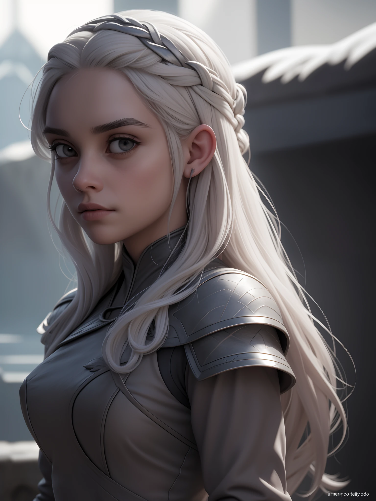 Daenerys is described as a classic Valyrian-looking teenager, con el cabello rubio plateado, Black eyes and slim build.[1] He is said to bear a certain physical resemblance to Queen Naerys Targaryen........., although Daenerys is taller