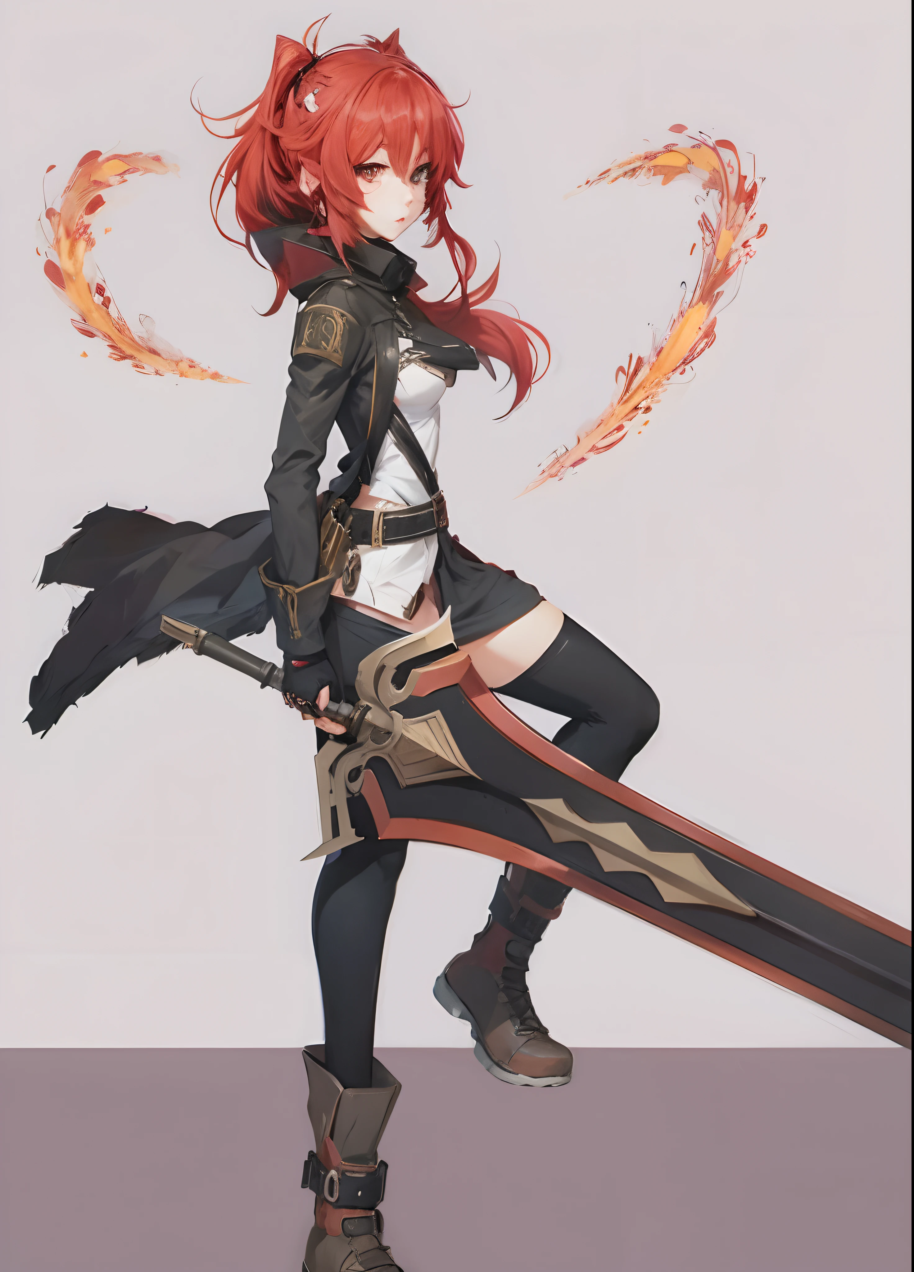 Genera una chica de anime con las siguientes especificaciones

Pelo dorado largo
Ojos rojos blancos
Ropa oscura corta de villana 
Botas oscuras
Sostiene un cuchillo largo espada como arma 