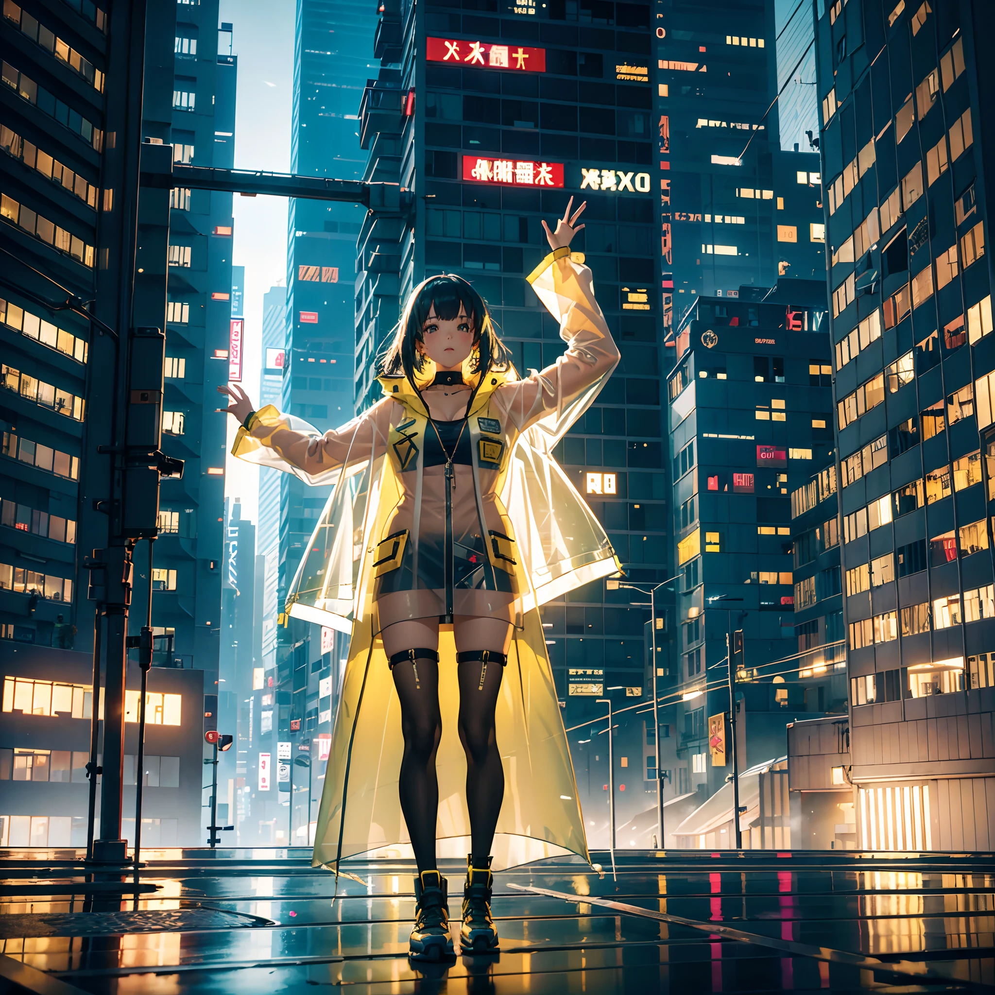 ((Cyberpunk girl) top of a building with loose legs in the air observando o horizonte, wearing transparent raincoat with yellow clothes chovendo, noite)):1.9、Perfect Ray Tracing、Antecedentes altamente detalhados,Realistic,ultra-detalhada,Pele super detalhada,Brilho da Luz,filmic grain,Expro II,Reflexo da lente,sharpen,Cinematic shadow, panoramic image